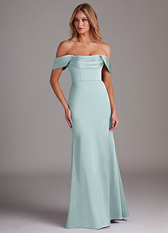 Azazie Saige Bridesmaid Dresses Mist Sheath Off the Shoulder Stretch Satin Dress image4