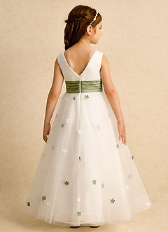 Azazie Cricket Robe Demoiselle D'honneur Fillette Robe Princesse en Mat Satiné Plissée Ivoire Vert Mousse image2