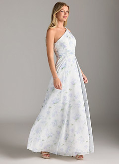 Azazie Dallas Bridesmaid Dresses Blue Vintage Floral A-Line One Shoulder Chiffon Dress image3