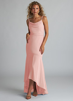 Azazie Summer Bridesmaid Dresses Rosette Mermaid Scoop Cowl Chiffon Dress image1