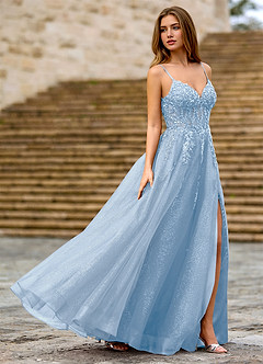 Milliener Sky Blue Tulle Flowers Prom Dress image5