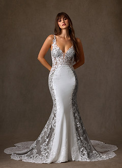 Azazie Estephanie Wedding Dresses Diamond White Cocoa Mermaid Sequins Stretch Crepe Dress image1