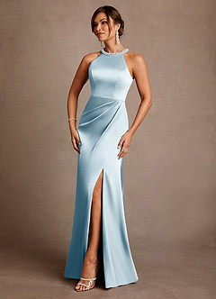 Azazie Lawrence Mother of the Bride Dresses Sky Blue A-Line Pleated Stretch Satin Dress image2