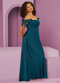 Barbie ♥ Azazie Bridesmaid Dresses Ink Blue Sheath Off the Shoulder Stretch Satin Convertible Dress image11