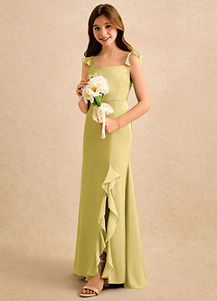 Azazie Novalie Girls Formal Flower Girl Dresses Canary Mermaid Bow Stretch Satin Dress image2