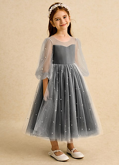 Azazie Trudy 플라워 걸 드레스 볼가운 스윗하트 네크라인 얇실버 명주 그물 티 길이 드레스 image1