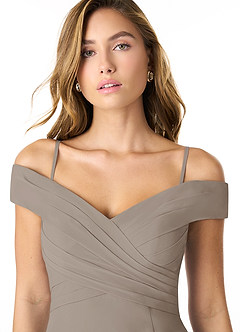 Azazie Lecia Bridesmaid Dresses Taupe Empire Off-The-Shoulder Pleated Chiffon Convertible Dress image2