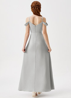 Azazie Ocean Junior Silver A-Line Off the Shoulder Stretch Satin Dress image2