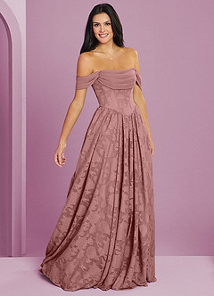 Barbie ♥ Azazie Robes de demoiselle d'honneur Robe Trapèze Convertible en Blumen-Burnout Épaule décolletée Rose Poussiéreuse image5
