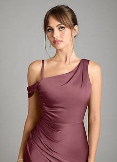 Azazie Madelyn Robes de demoiselle d'honneur Robe Sirène Convertible en Satin extensible Asymétrique Rose Du Désert image3