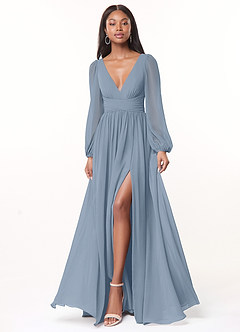Azazie Norah Robes de demoiselle d'honneur Robe Trapèze en Mousseline de soie Col en V, manches longues Bleu Poussiéreux image1