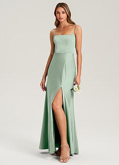 Azazie Lidia Bridesmaid Dresses Agave Mermaid Side Slit Stretch Satin Dress image3