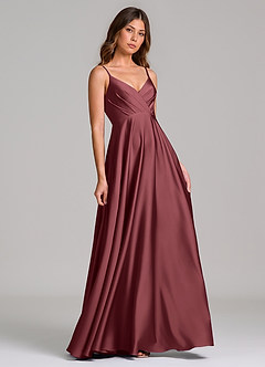 Azazie Amani Bridesmaid Dresses Merlot A-Line Pleated Stretch Satin Dress image1
