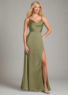 Azazie Sarella Vestidos de damas de honor Vestido de Pistacho de Satén Elástico de Corte en A con Plisado image1