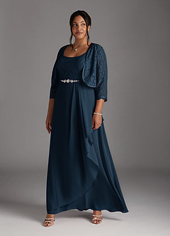 Azazie Ainsling Mother of the Bride Dresses Dark Navy A-Line Square Neckline Lace Chiffon Dress image3