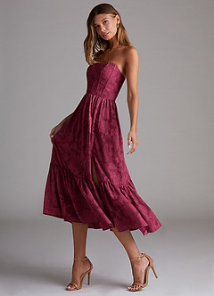 Azazie Delphina Bridesmaid Dresses Burgundy A-Line Strapless Floral Burnout Convertible Dress image5