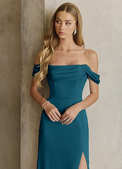 Azazie Saige Bridesmaid Dresses Ink Blue Sheath Off the Shoulder Stretch Satin Dress image2