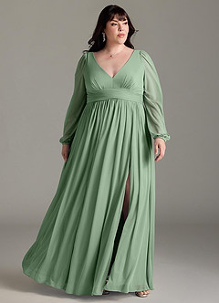 Azazie Norah Robes de demoiselle d'honneur Robe Trapèze en Mousseline de soie Col en V, manches longues Matcha image6
