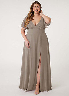 Azazie Kimber Bridesmaid Dresses Taupe A-Line Flounce Sleeve Chiffon Dress image9
