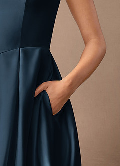 Azazie Fulton Mother of the Bride Dresses Dark Navy A-Line Pleated Stretch Satin Dress image7