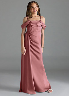 Azazie Amyra Junior Amethyst Sheath Off the Shoulder Stretch Satin Dress image3