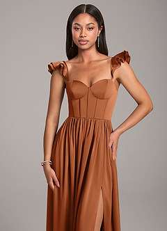 Azazie Denisse Bridesmaid Dresses Copper A-Line Ruched Stretch Satin Dress image6