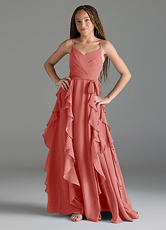 Azazie Peyton Junior A라인 주름진 쉬폰 플로어 길이 주니어 신부 들러리 드레스 image1