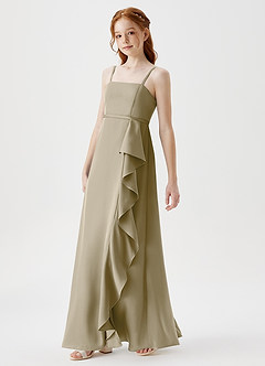 Azazie Kaylee Junior Robe Trapèze en Satin extensible avec ceinture Vert Mousse image4