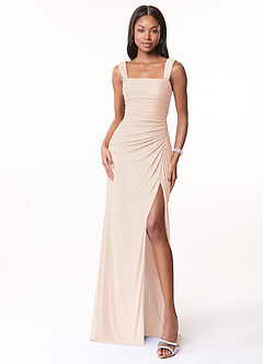 Azazie Jesaphine Bridesmaid Dresses Blushing Pink Sheath Ruched Mesh Dress image5