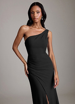 Azazie Madelyn Vestidos de damas de honor Vestido de Negro de Gasa de Corte Sirena Convertible con Hombro unilateral image7