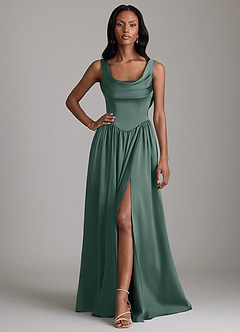 Azazie Novi Bridesmaid Dresses Eucalyptus A-Line with Pockets Stretch Satin Dress image1