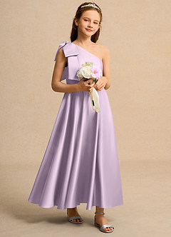 Azazie Guppy Girls Formal Flower Girl Dresses Frosted Lilac A-Line One Shoulder Matte Satin Dress image1
