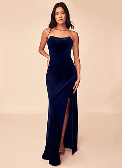Azazie Nereda Robes de demoiselle d'honneur Robe Trapèze Convertible en velours Sans bretelle Bleu Marine Foncé image2