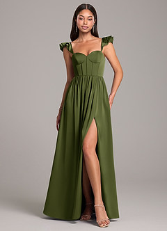 Azazie Denisse Robes de demoiselle d'honneur Robe Trapèze en Satin extensible Rayé Olive image1