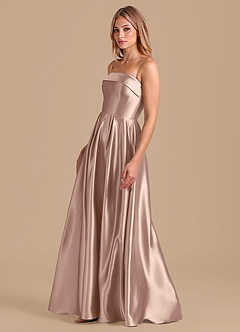 Azazie Lucienne 신부 들러리 드레스 A라인 주름진 메탈릭 새틴 바닥 길이 드레스 image4
