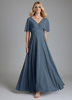 Azazie Pamela Vestidos de damas de honor Vestido de Neptuno de Gasa de Corte en A con Cuello en V plisado image1