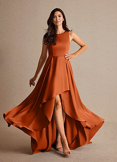 Azazie Niles Vestidos para mãe da noiva Vestido Laranja Queimada de Cetim elástico de Linha A com Trens image2
