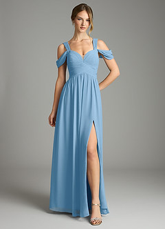 Azazie Lianne Bridesmaid Dresses Steel Blue A-Line Off the Shoulder Chiffon Dress image2