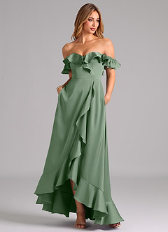 Azazie Lyra Bridesmaid Dresses Matcha A-Line Off the Shoulder Stretch Satin Convertible Dress image3