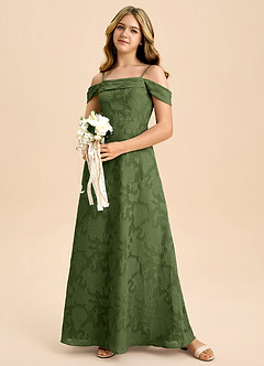 Azazie Anselie Junior A-Linie Schulterfrei Blumen-Burnout Kleid Olivgrün image1