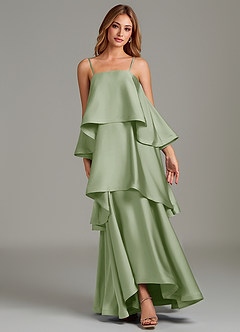 Azazie Azalea At-home Try On Dresses Dusty Sage A-Line Ruched Stretch Satin Dress image6