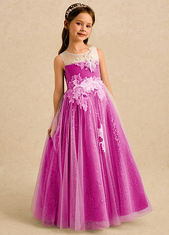 Azazie Addison Robe Demoiselle D'honneur Fillette Robe Princesse en Tulle Paillettes Fuchsia image3