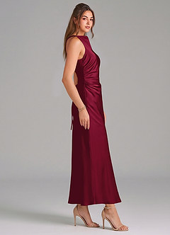 Azazie Evadne Vestidos de damas de honor Vestido de Borgoña de Satén Elástico de Corte Recto con Plisado image4