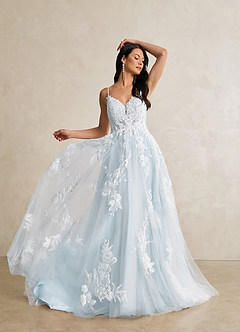 Azazie Lorenza Wedding Dresses Misty Blue A-Line V-Neck Sequins Tulle Dress image5