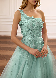 Felicite Light Green Floral A-line Tulle Sequin One Shoulder Glitter Prom Dress image12