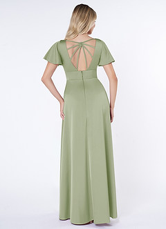 Azazie Lani Bridesmaid Dresses Dusty Sage A-Line Flounce Sleeve Stretch Satin Dress image2
