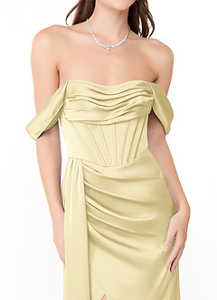 Azazie Amyra Bridesmaid Dresses Lemon Sorbet Mermaid Off the Shoulder Stretch Satin Convertible Dress image7