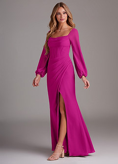 Azazie Charissa Robes de demoiselle d'honneur Robe Fourreau en Mousseline de soie Manche longue Fuchsia image4