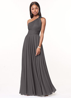 Azazie Charlize Bridesmaid Dresses Steel Grey A-Line One Shoulder Mesh Dress image1
