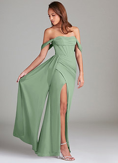 Azazie Amyra Bridesmaid Dresses Matcha Sheath Off the Shoulder Chiffon Convertible Dress image2